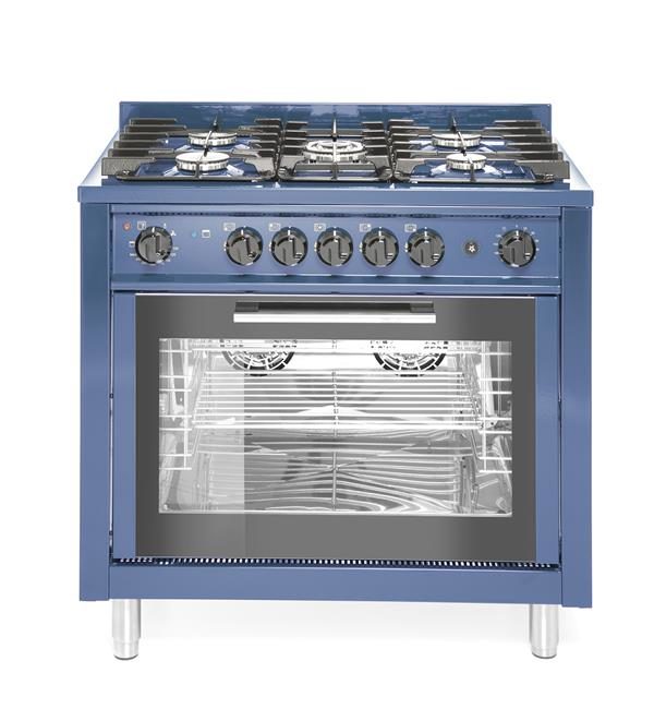 Gaasipliit KitchenLine 5 põletiga, elektrilise konvektsioonahjuga ning grilliga, sinine värv, GN1/1, 230V/2900W, 14,3kW, 900x655x(H)850mm